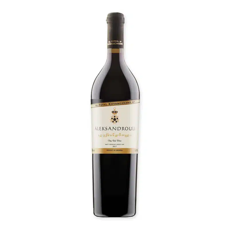 Royal Khvanchkara Aleksandrouli is een zachte rode wijn van 100% Alexandrouli. Lichtzoet, fruitig en bloemig. Typisch voor de Racha-streek.