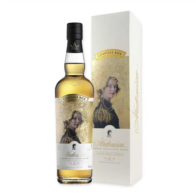 Ontdek Compass Box Hedonism, een zeldzame Schotse grain whisky die elegantie combineert met een rijk palet aan vanille, toffee en fruitige tonen.
