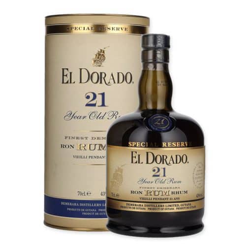 Ontdek El Dorado 21 Year Old Special Reserve, een bekroonde rum met rijke smaken van donkere chocolade en toffee, perfect voor een luxe genietmoment.
