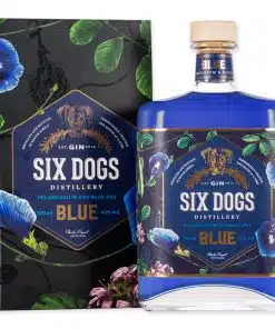 Geniet van Six Dogs Blue Gin, een unieke gin die van kleur verandert met tonic. Gemaakt in Zuid-Afrika, perfect voor een aromatische gin-tonic. Bestel nu!