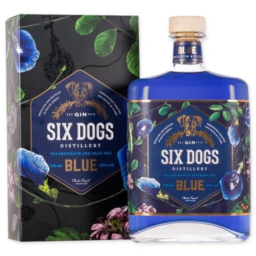 Geniet van Six Dogs Blue Gin, een unieke gin die van kleur verandert met tonic. Gemaakt in Zuid-Afrika, perfect voor een aromatische gin-tonic. Bestel nu!