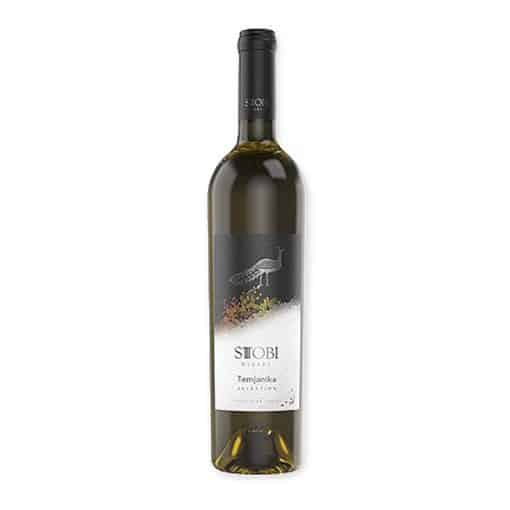 Ontdek Stobi Temjanika, een expressieve Macedonische wijn met aroma's van jasmijn en muskaat, ideaal als aperitief of bij gevarieerde gerechten.