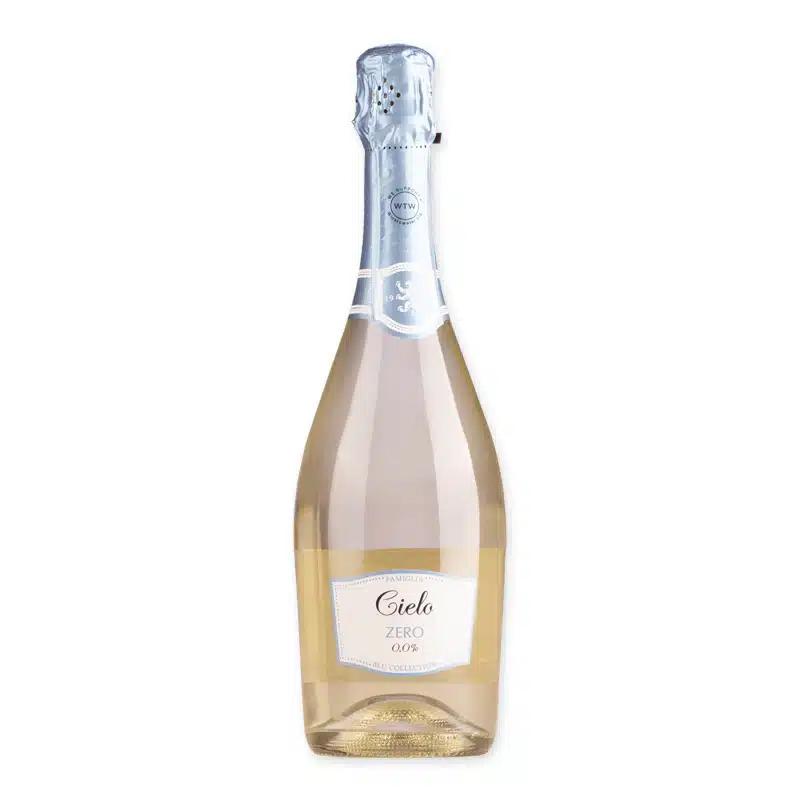 Cielo Spumante Zero is een alcoholvrije Italiaanse bubbel met appel, peer en citrus. Elegant, verfrissend en perfect als aperitief.