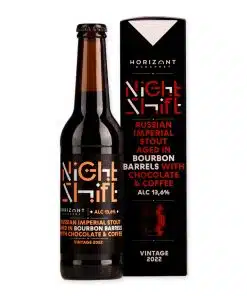 Ontdek Horizont NS2022 RIS Bourbon BA, een stoutbier met een rijke melange van chocolade en koffie, gerijpt in bourbonvaten voor een unieke smaakdiepte.