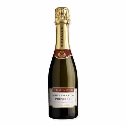 Biscardo Prosecco Spumante 0.375l uit Veneto. Fijne bubbels, appel en perzikbloesem. Droog, fris en elegant.