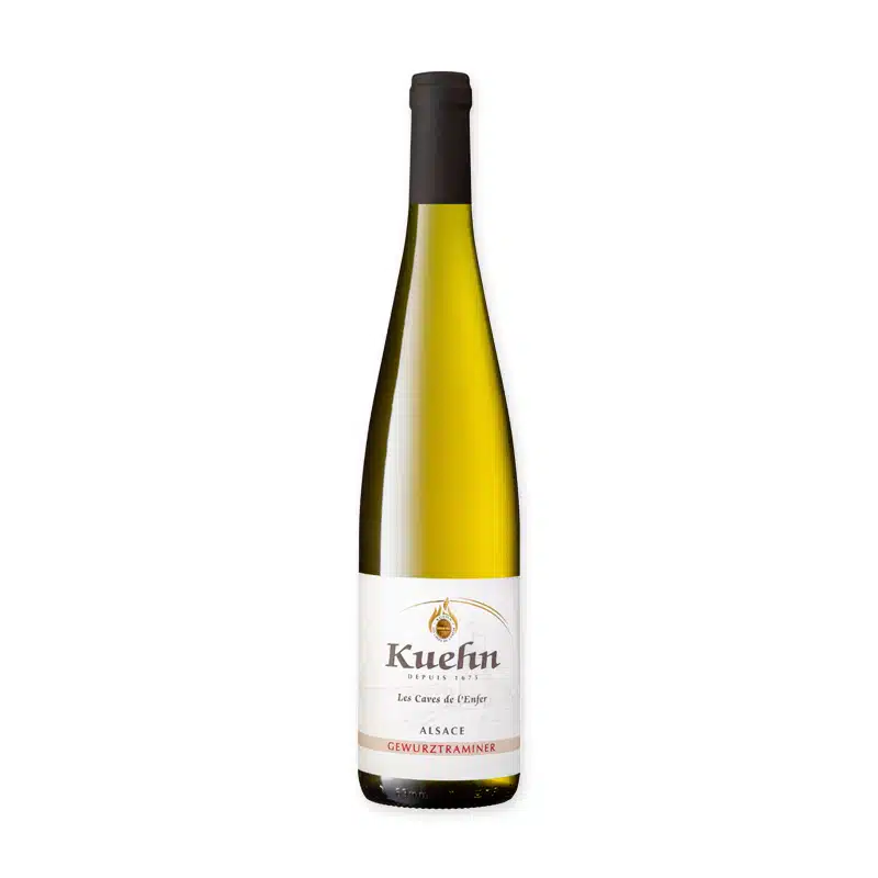 Kuehn Gewurztraminer 'Les Caves de l'Enfer' is aromatisch, milddroog en elegant. Perfect bij Aziatische gerechten of Munsterkaas.