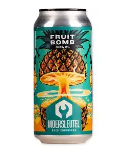 Moersleutel Fruit Bomb is een tropische Double IPA (8%) vol fruit en stevige bitterheid. Ideaal voor fans van intense smaken.
