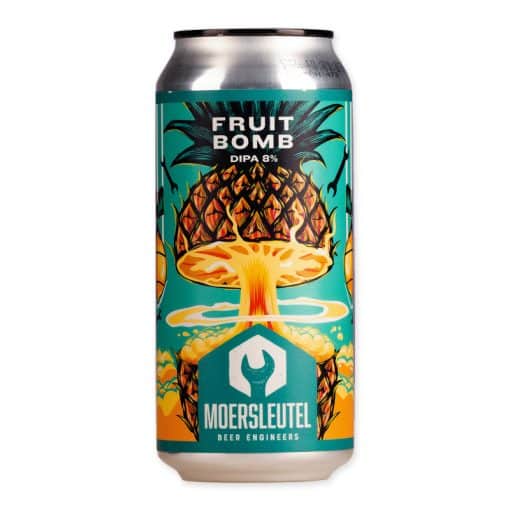 Moersleutel Fruit Bomb is een tropische Double IPA (8%) vol fruit en stevige bitterheid. Ideaal voor fans van intense smaken.