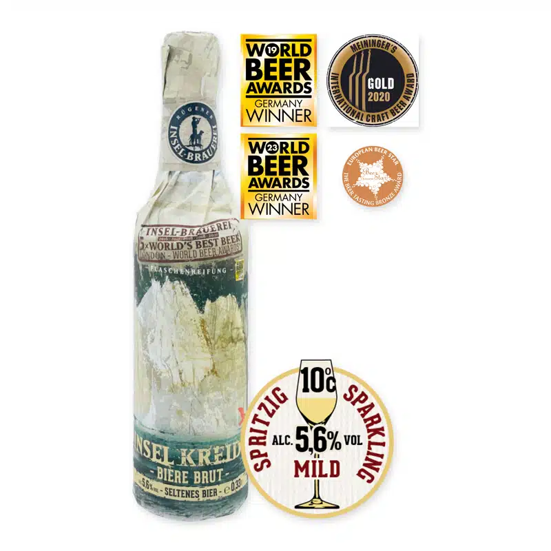 Insel Kreide 75cl (5,6%) is een verfijnde Bière de Champagne van Insel-Brauerei. Fruitige tonen van druif en peer, droge afdronk en feestelijk karakter.