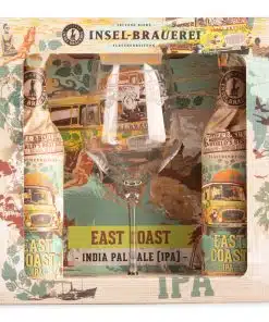 Insel East Coast IPA Giftpack bevat een fruitige, evenwichtige IPA van Insel-Brauerei met tonen van mango, citrus en perzik. Perfect cadeau voor bierliefhebbers.