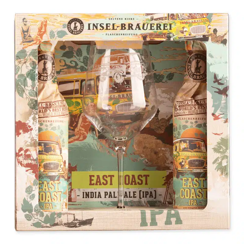 Insel East Coast IPA Giftpack bevat een fruitige, evenwichtige IPA van Insel-Brauerei met tonen van mango, citrus en perzik. Perfect cadeau voor bierliefhebbers.