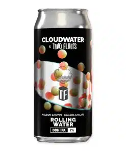 Cloudwater Rolling Water (x Two Flints) is een DDH IPA (7%) met tropisch fruit, wijnachtige textuur en zachte bitterheid. Een moderne collab van Cloudwater en Two Flints.
